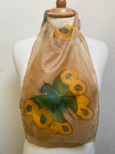 Load image into Gallery viewer, Butterflies Hand Painted Silk Neck Scarf in Beige and Green
