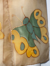 Load image into Gallery viewer, Butterflies Hand Painted Silk Neck Scarf in Beige and Green