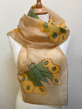 Load image into Gallery viewer, Butterflies Hand Painted Silk Neck Scarf in Beige and Green
