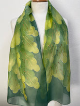 Load image into Gallery viewer, Long Silk Scarf, Leaves Design in Greens : Hand Painted Silk by Designer Silk

