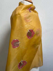Sweet Peas Design Silk Long Scarf in Ochre and Cranberry Red Hand Painted by Designer Silk 144 x 40 cm