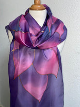 Load image into Gallery viewer, Flames Design X Long Silk Scarf in Purple and Pink Shades Hand Painted Silk by Designer Silk
