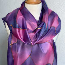 Load image into Gallery viewer, Flames Design X Long Silk Scarf in Purple and Pink Shades Hand Painted Silk by Designer Silk