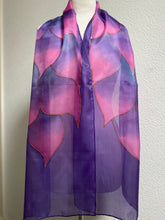 Load image into Gallery viewer, Flames Design X Long Silk Scarf in Purple and Pink Shades Hand Painted Silk by Designer Silk
