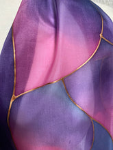 Load image into Gallery viewer, Flames Design X Long Silk Scarf in Purple and Pink Shades Hand Painted Silk by Designer Silk