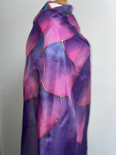 Load image into Gallery viewer, Flames Design X Long Silk Scarf in Purple and Pink Shades Hand Painted Silk by Designer Silk