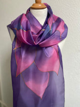 Load image into Gallery viewer, Flames Design X Long Silk Scarf in Purple and Pink Shades Hand Painted Silk by Designer Silk