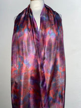 Load image into Gallery viewer, Red Blue Grey Purple Painted &amp; Dyed Long Silk Scarf by Designer Silk
