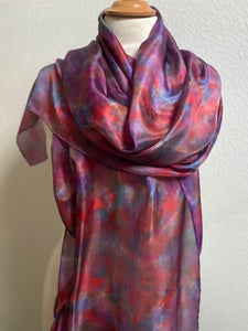 Red Blue Grey Purple Painted & Dyed Long Silk Scarf by Designer Silk