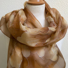 Load image into Gallery viewer, Leaves Design Long Scarf in Brown : Hand Painted Silk by Designer Silk