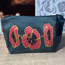 Load image into Gallery viewer, Poppies Design Cosmetics Purse in Charcoal Grey and Red : Hand Painted Silk
