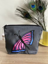 Load image into Gallery viewer, Butterfly Design Cosmetics Purse in Pink Purple Blue Grey : Hand Painted Silk