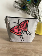 Load image into Gallery viewer, Butterfly Design Cosmetics Purse in Light Grey and Orange : Hand Painted Silk