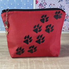 Load image into Gallery viewer, Doggie Paw Prints Cosmetics Purse in Red and Black : Hand Painted Silk