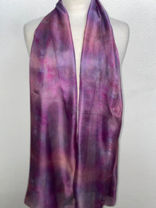 Hand Dyed Long Silk Scarf in Clover Pink, Grey, Purple