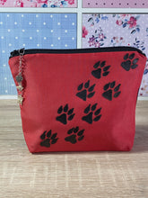 Load image into Gallery viewer, Doggie Paw Prints Cosmetics Purse in Red and Black : Hand Painted Silk