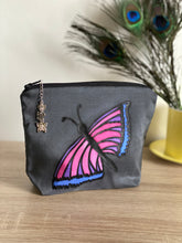 Load image into Gallery viewer, Butterfly Design Cosmetics Purse in Pink Purple Blue Grey : Hand Painted Silk