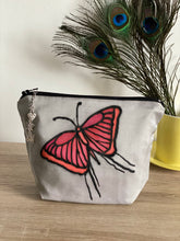 Load image into Gallery viewer, Butterfly Design Cosmetics Purse in Light Grey and Orange : Hand Painted Silk