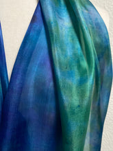 Load image into Gallery viewer, Hand Dyed Long Silk Scarf in Shades of Cobalt Navy Jade
