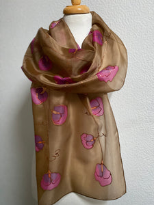 Sweet Peas Design X Long Silk Scarf : Hand Painted Silk in Chocolate Brown & Pink
