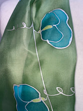 Load image into Gallery viewer, Sweet Peas Design Hand Painted Silk Neck Scarf in Apple Green Turquoise
