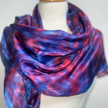 Load image into Gallery viewer, Hand Dyed Square Silk Scarf in Blues Dark Red
