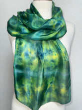 Load image into Gallery viewer, Hand Dyed Silk Neck Scarf in Teal Green Lime Lemon by Designer Silk Artist
