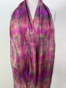 Hand Dyed Long Silk Scarf in Deep Pink Olive Navy Blue