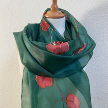 Load image into Gallery viewer, Sweet Peas Design X Long Silk Scarf in Green &amp; Red : Hand Painted Silk
