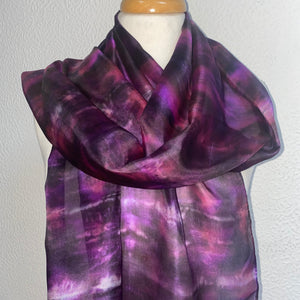 Hand Dyed Long Silk Scarf in Purple Black Pink