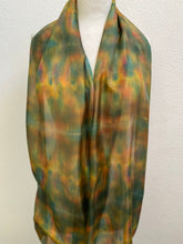 Load image into Gallery viewer, Hand Dyed Long Silk Scarf in Golden Ochre, Tan, Green
