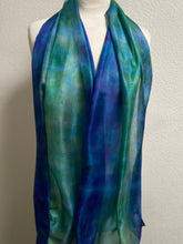 Load image into Gallery viewer, Hand Dyed Long Silk Scarf in Shades of Cobalt Navy Jade
