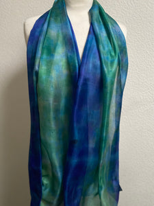 Hand Dyed Long Silk Scarf in Shades of Cobalt Navy Jade