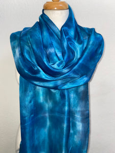 Hand Dyed Long Silk Scarf in Blues, Mediterranean
