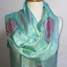 Load image into Gallery viewer, Roses Design X Long Silk Scarf in Pink &amp; Mint : Hand Painted Silk
