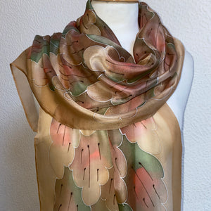 Leaves Design X Long Silk Scarf in Autumn Shades : Hand Painted Silk