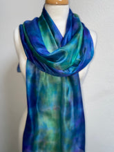 Load image into Gallery viewer, Hand Dyed Long Silk Scarf in Shades of Cobalt Navy Jade
