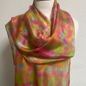 Hand Dyed Long Silk Scarf in Vibrant Pinks Gold Green Blue