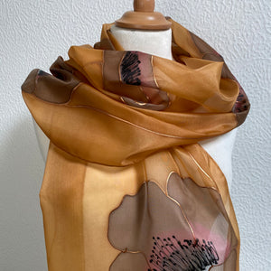 Poppies Design Long Silk Scarf : Hand Painted Silk