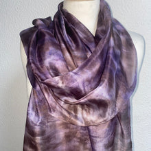 Load image into Gallery viewer, Hand Dyed Long Silk Scarf in Smokey Grey Lilac Brown
