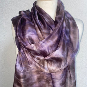 Hand Dyed Long Silk Scarf in Smokey Grey Lilac Brown