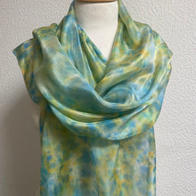 Load image into Gallery viewer, Hand Dyed Long Silk Scarf in Shades of Aqua Blue Green Gold
