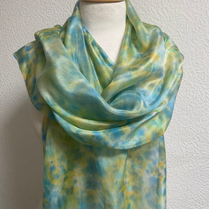 Hand Dyed Long Silk Scarf in Shades of Aqua Blue Green Gold