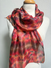 Load image into Gallery viewer, Hand Dyed Silk Neck Scarf in Cherry Red Grey Brown by Designer Silk Artist
