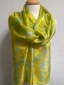 Hand Dyed Long Silk Scarf in Golden Yellow Lime Aqua