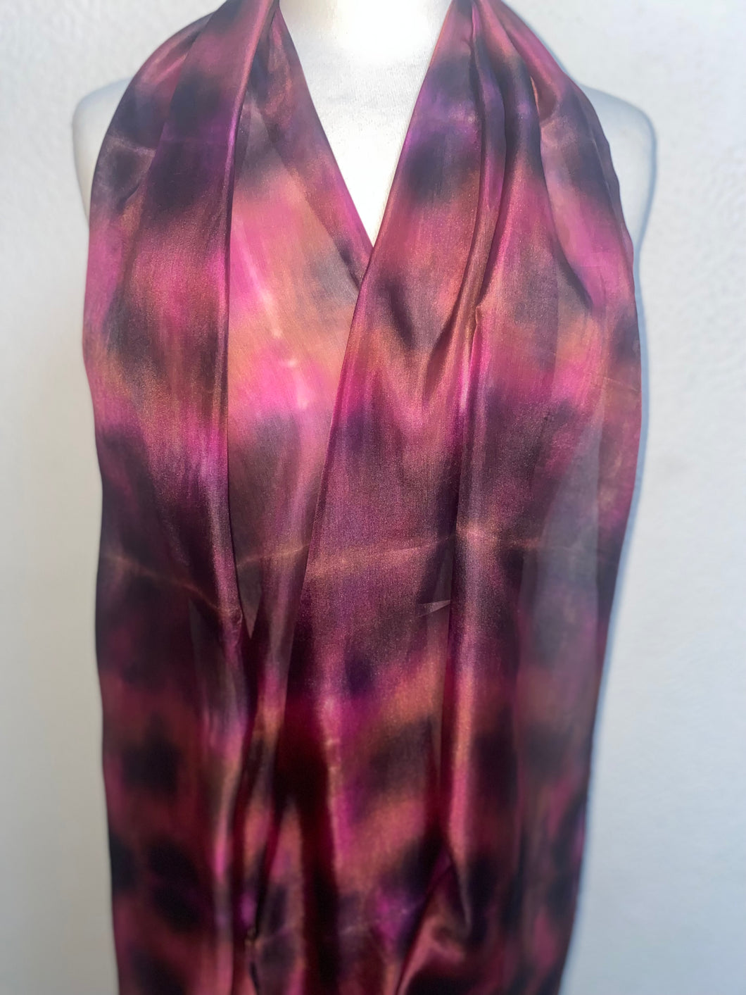 Hand Dyed Long Silk Scarf in Burgundy, Tan, Black