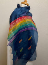 Load image into Gallery viewer, Rainbow Design Silk Scarf in Blue Silver : Hand Painted Silk by Designer Silk Artist

