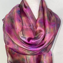 Load image into Gallery viewer, Hand dyed long silk scarf in deep pink, olive and navy blue
