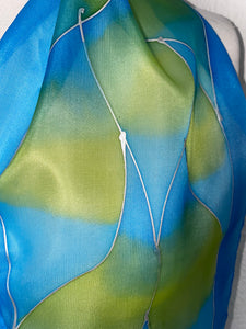 Flames Design Hand Painted Silk Neck Scarf in Turquoise Blue Lime Green