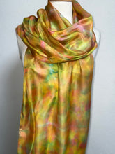 Load image into Gallery viewer, Hand Dyed Long Silk Scarf in Orange Lemon Coral Green Stripes by Designer Silk Artist
